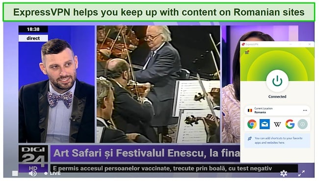 Screenshot of ExpressVPN unblocking a live stream on Digi24