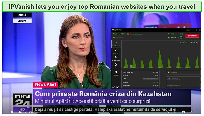 Screenshot of IPVanish unblocking Digi24 live stream