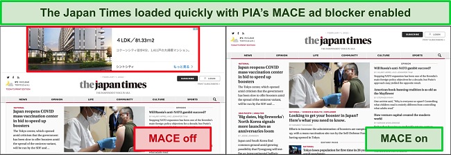 Screenshot of PIA MACE removing ads on The Japan Times news site