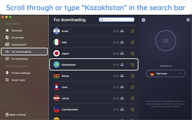 Screenshot of CyberGhost's torrent-optimized server in Kazakhstan