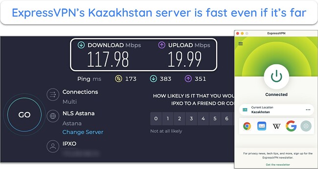 Screenshot of ExpressVPN's speed test results with the Kazakhstan server