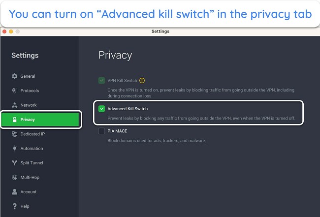 Screenshot of PIA's Advanced kill switch