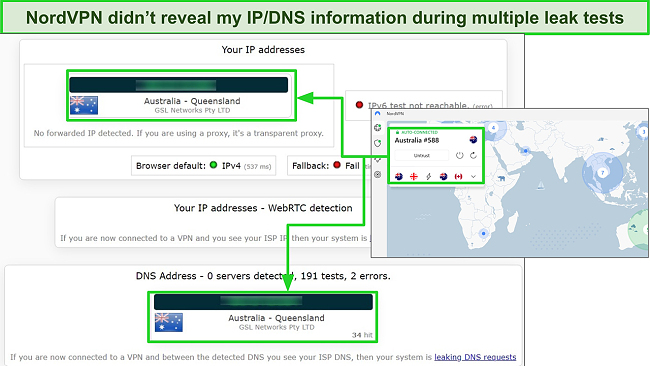 Screenshot of NordVPN's IP/DNS/WRTC leak test results