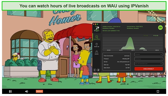 Screenshot of IPVanish unblocking WAU