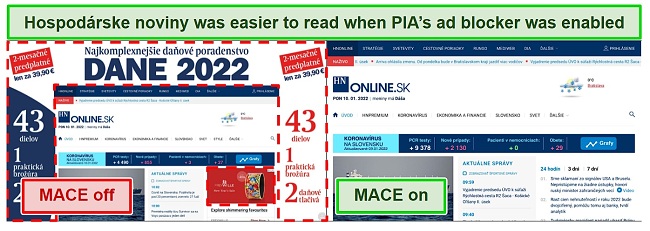 Screenshot of PIA MACE removing ads on Hospodarske noviny news site