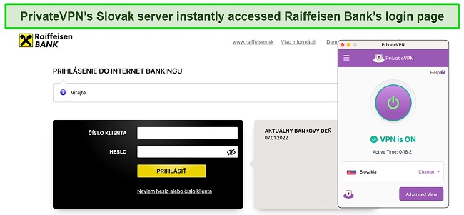 Screenshot of PrivateVPN unblocking Raiffeisen Bank
