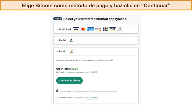 Captura de pantalla de la selección de pago de Bitcoin de ExpressVPN.