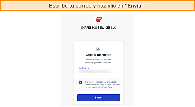 Captura de pantalla de la pantalla de entrada de correo electrónico de ExpressVPN durante el proceso de pago de Bitcoin.