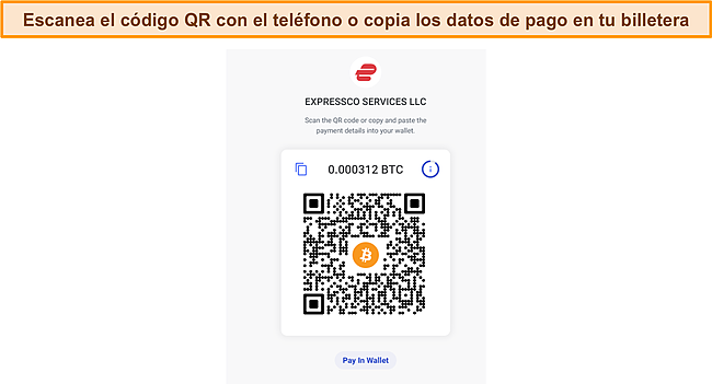 Captura de pantalla de la pantalla del código QR de pago de Bitcoin de ExpressVPN durante el pago.