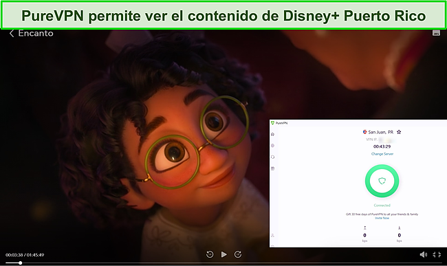 Captura de pantalla de PureVPN desbloqueando Encanto en Disney+ en Puerto Rico.