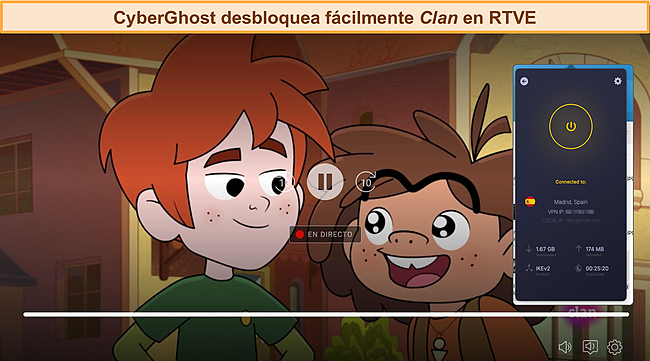 Captura de pantalla de CyberGhost desbloqueando CLAN TV.