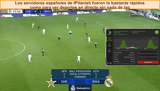 Captura de pantalla de IPVanish accediendo a Real Madrid TV.