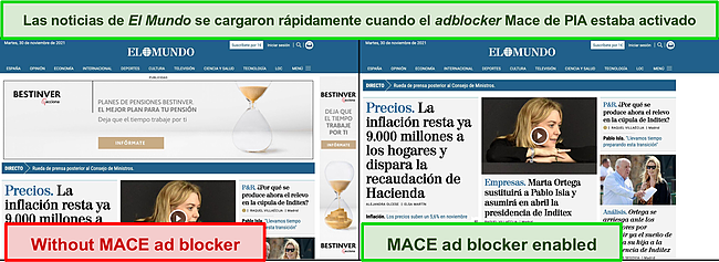 Captura de pantalla de PIA MACE eliminando anuncios en un sitio de noticias.