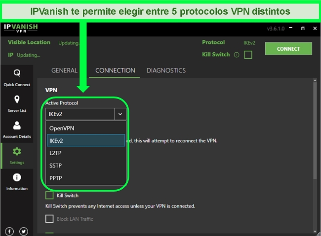 Captura de pantalla de la lista de protocolos VPN de IPVanish.