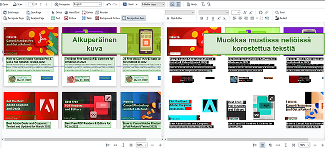 Kuvakaappaus ladatun kuvan ja muokattavan tekstin vierekkäisestä näkymästä.