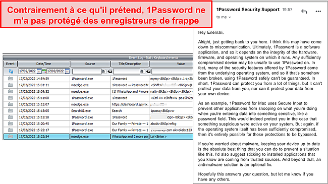 Problème d'enregistreur de frappe 1Password.
