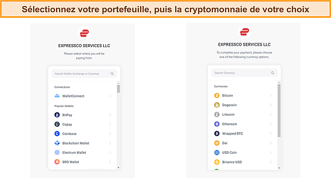 Capture d'écran de l'écran de sélection du portefeuille de crypto-monnaie ExpressVPN lors du paiement.