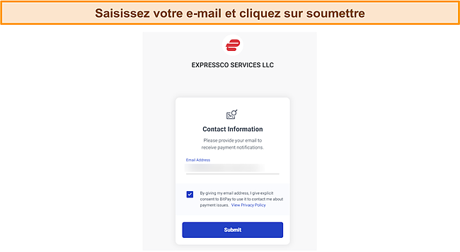 Capture d'écran de l'écran de saisie d'e-mail ExpressVPN pendant le processus de paiement Bitcoin.