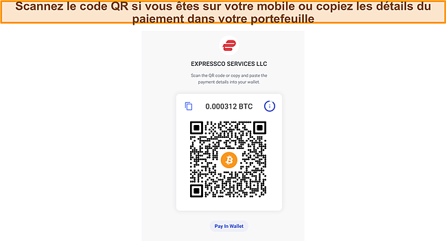 Capture d'écran de l'écran du code QR de paiement ExpressVPN Bitcoin lors du paiement.