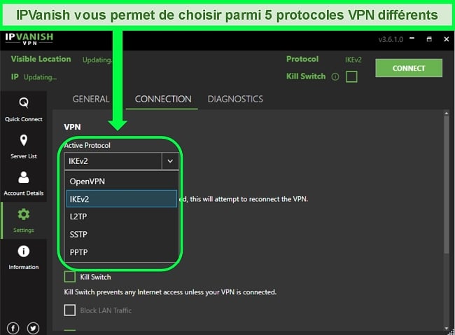 Capture d'écran de la liste des protocoles VPN d'IPVanish.