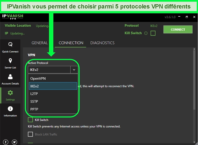 Capture d'écran de la liste des protocoles VPN d'IPVanish.