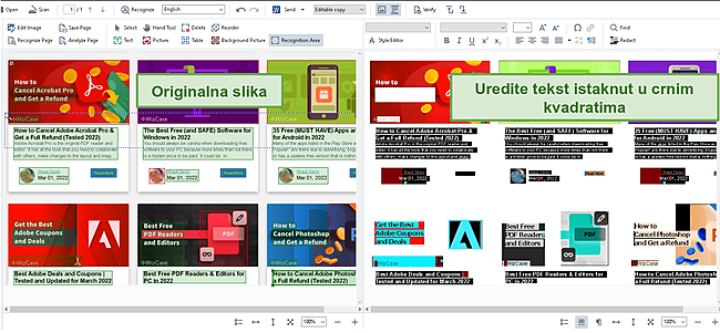 Snimka zaslona uporednog prikaza prenesene slike i teksta koji se može uređivati.