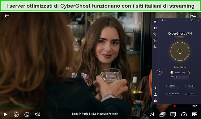 Screenshot di CyberGhost che sblocca Emily a Parigi su Netflix Italia.