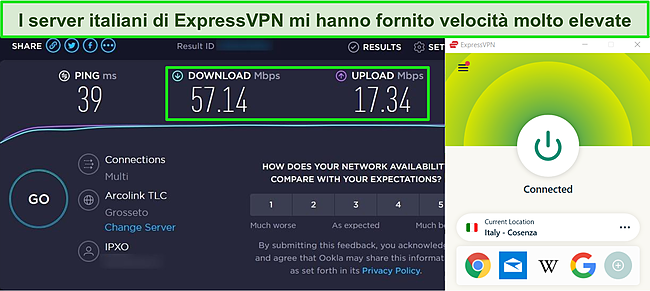 Screenshot di uno speed test effettuato sul server di ExpressVPN in Italia.