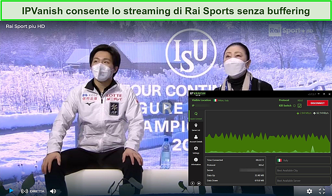 Screenshot di IPVanish che sblocca Rai Sports.