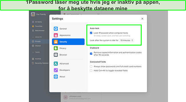 1Password låser deg ute hvis du er inaktiv.