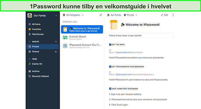 1Password inkluderer en startveiledning.