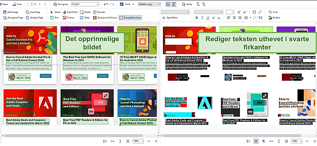 Skjermbilde av side-ved-side-visning av opplastet bilde og redigerbar tekst.