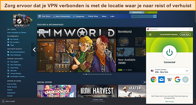 Screenshot van Steam-dashboard met ExpressVPN verbonden met een Amerikaanse server.