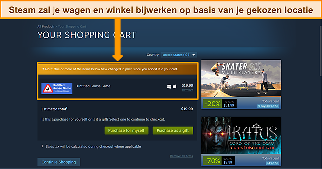 Screenshot van Steam-dashboard met bijgewerkte valuta en winkelwagen die overeenkomen met de nieuw gekozen locatie.