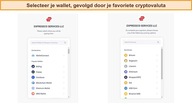 Screenshot van ExpressVPN cryptocurrency wallet selectiescherm tijdens betaling.