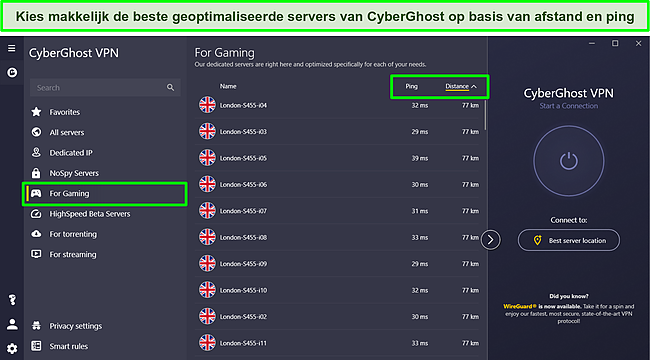 Screenshot van de speciale gamingservers van CyberGhost met gemarkeerde opties voor ping en afstandssortering.