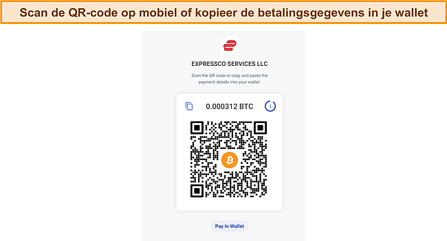 Screenshot van ExpressVPN Bitcoin betaling QR-code scherm tijdens betaling.