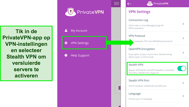 Schermafbeeldingen van de PrivateVPN iOS-app die laten zien hoe u de Stealth VPN-functie inschakelt.