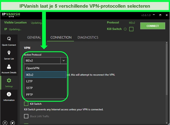 Screenshot van IPVanish's VPN-protocollijst.