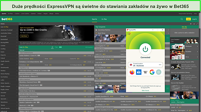 Zrzut ekranu ExpressVPN połączonego z serwerem w Wielkiej Brytanii i współpracującego z Bet365.