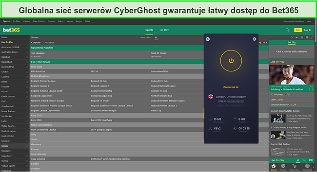 Zrzut ekranu przedstawiający CyberGhost podłączony do serwera w Wielkiej Brytanii i współpracujący z Bet365.