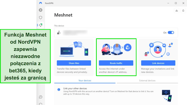 Obraz funkcji Meshnet NordVPN w systemie Windows z podkreśleniem opcji kierowania ruchu przez inny adres IP.