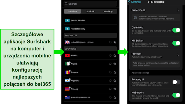 Obrazy aplikacji Surfshark na iOS, przedstawiające szczegółowe menu serwera i ustawień.