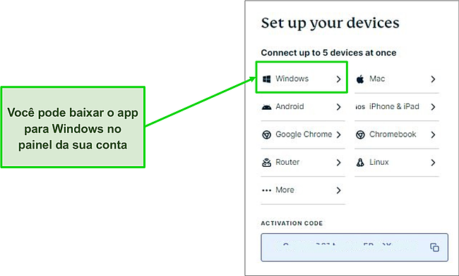 Captura de tela do download do Windows do site e painel da ExpressVPN.