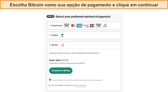 Captura de tela da sele&ccedil;&atilde;o de pagamento ExpressVPN Bitcoin.