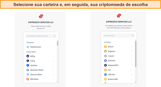 Captura de tela da tela de sele&ccedil;&atilde;o da carteira de criptomoedas ExpressVPN durante o pagamento.