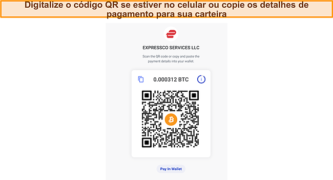 Captura de tela da tela de código QR de pagamento ExpressVPN Bitcoin durante o pagamento.