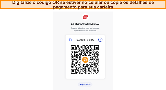 Captura de tela da tela de c&oacute;digo QR de pagamento ExpressVPN Bitcoin durante o pagamento.