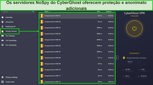 Screenshot of CyberGhost's NoSpy servers