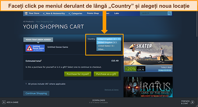 Captură de ecran a cardului de cumpărături Steam cu meniul drop-down de țară evidențiat.